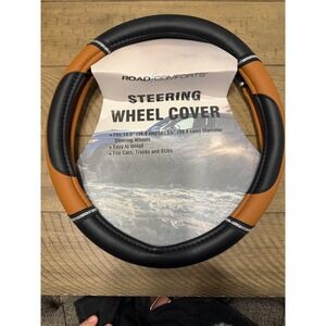 Road Comforts Steering Wheel Cover Black Tan Universal Fits 14.5 15.5 Inch Cars